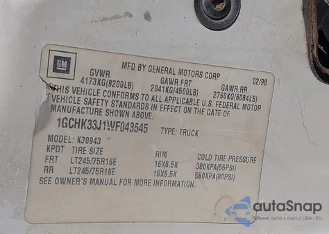 1998 Chevrolet K3500 from USA, damaged, VIN 1GCHK33J1WF043545